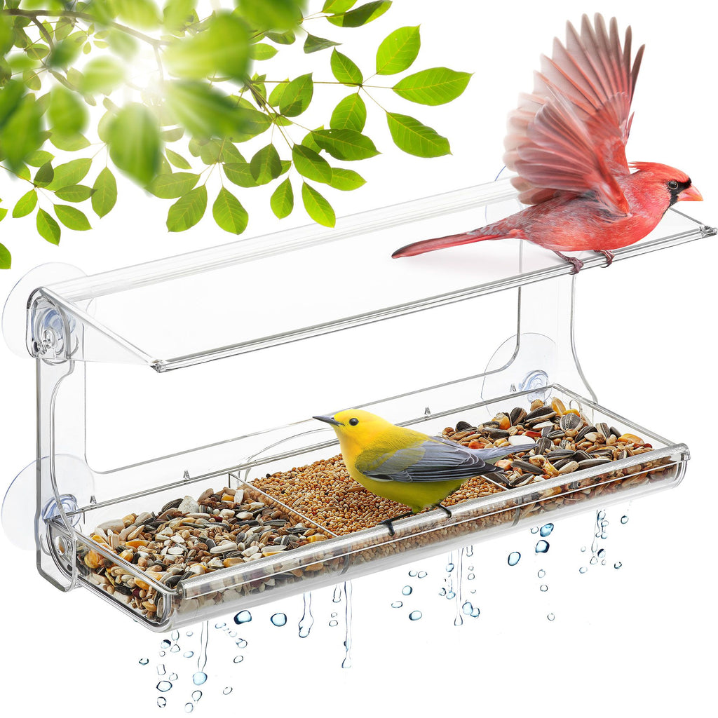 DF OMER Weatherproof Polycarbonat Window Bird Feeder with Strong Suction Cups, Drainage Holes, and 3-Sectioned Removable Tray 11.6x4.3x5.7 in. Bird Watching Gifts for Up-Close, Indoor Bird Watching